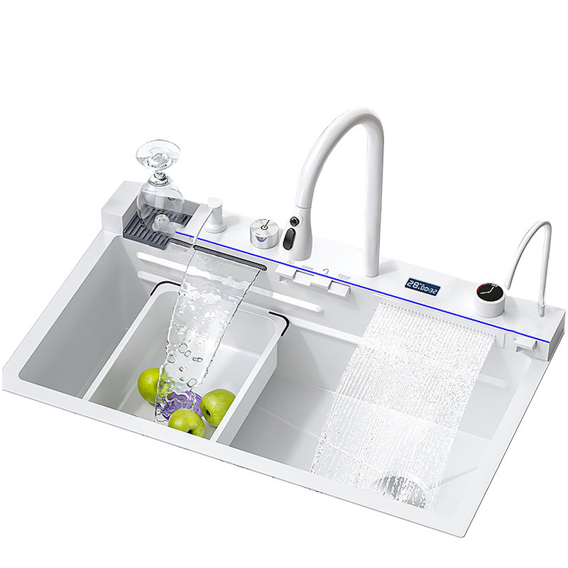 Set chiuveta bucatarie, Milmatt, multifunctionala, cu afisaj led, baterie cu dus extractibil, 2 cascade, spalator pahare, dozator sapun, robinet apa purificata, otel inoxidabil, sticla alba, culoare a [6]