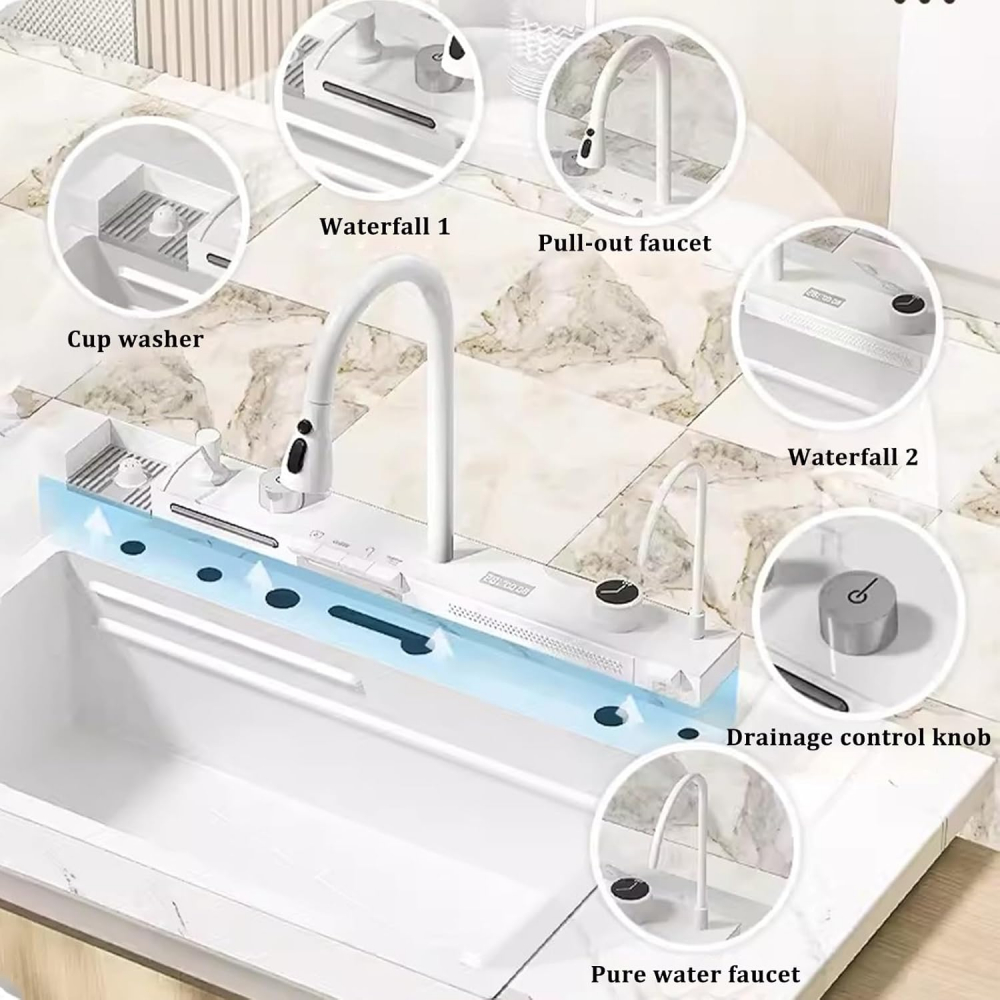 Set chiuveta bucatarie, Milmatt, multifunctionala, cu afisaj led, baterie cu dus extractibil, 2 cascade, spalator pahare, dozator sapun, robinet apa purificata, otel inoxidabil, sticla alba, culoare a [3]