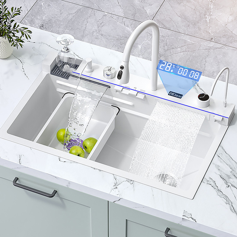 Set chiuveta bucatarie, Milmatt, multifunctionala, cu afisaj led, baterie cu dus extractibil, 2 cascade, spalator pahare, dozator sapun, robinet apa purificata, otel inoxidabil, sticla alba, culoare a [1]