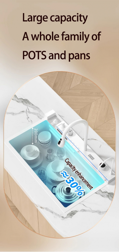 Set chiuveta bucatarie, Milmatt, multifunctionala, cu afisaj led, baterie cu dus extractibil, 2 cascade, spalator pahare, dozator sapun, robinet apa purificata, otel inoxidabil, sticla alba, culoare a [19]
