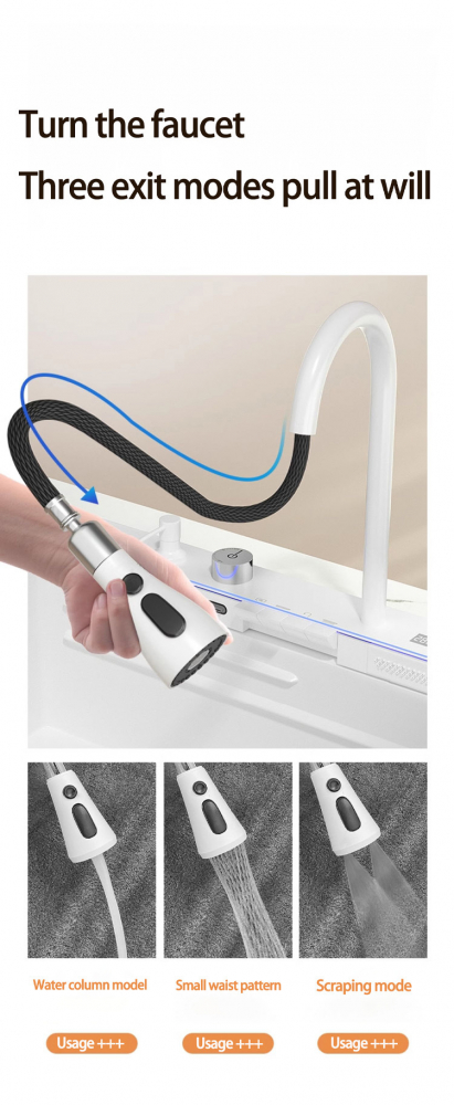 Set chiuveta bucatarie, Milmatt, multifunctionala, cu afisaj led, baterie cu dus extractibil, 2 cascade, spalator pahare, dozator sapun, robinet apa purificata, otel inoxidabil, sticla alba, culoare a [18]