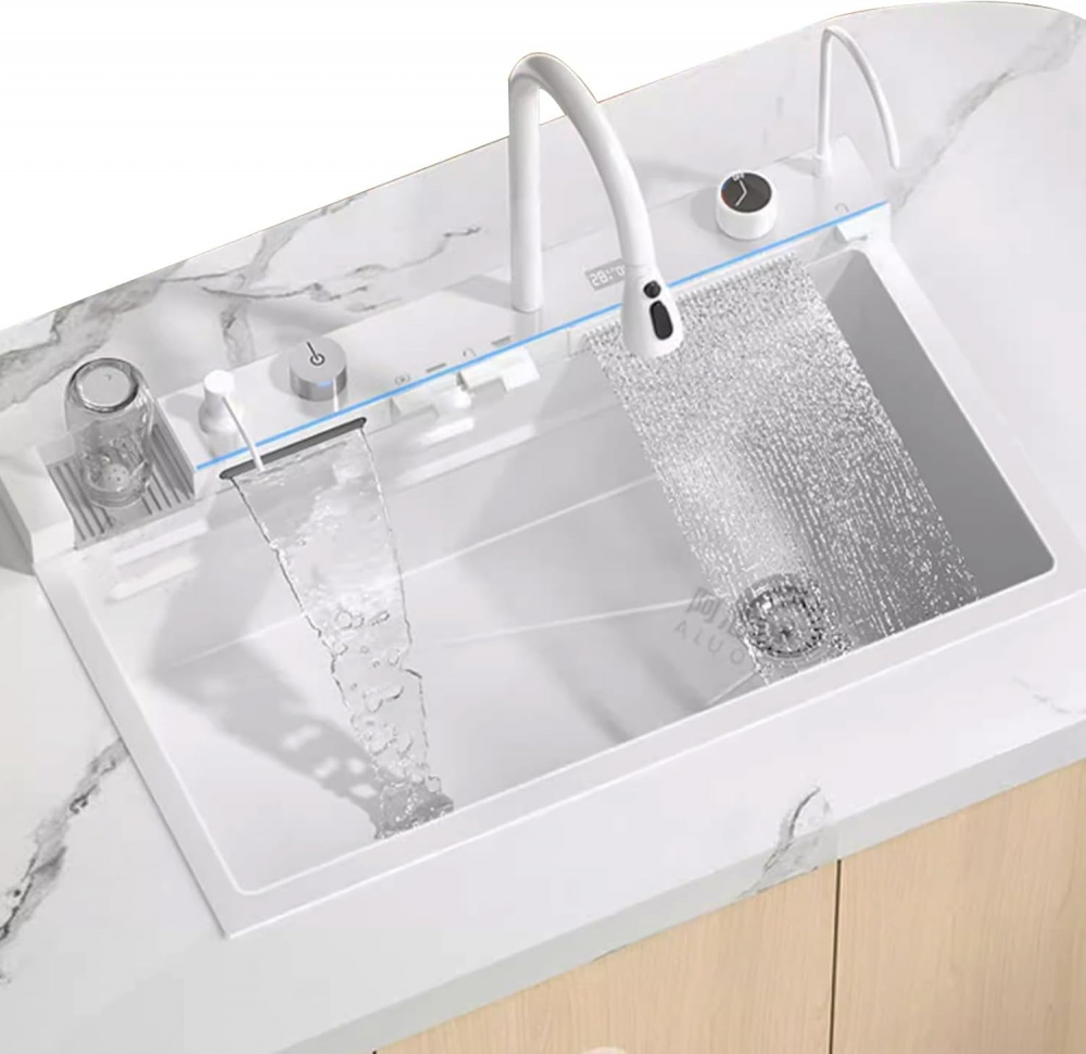 Set chiuveta bucatarie, Milmatt, multifunctionala, cu afisaj led, baterie cu dus extractibil, 2 cascade, spalator pahare, dozator sapun, robinet apa purificata, otel inoxidabil, sticla alba, culoare a [2]