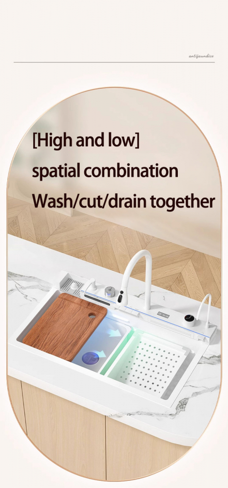 Set chiuveta bucatarie, Milmatt, multifunctionala, cu afisaj led, baterie cu dus extractibil, 2 cascade, spalator pahare, dozator sapun, robinet apa purificata, otel inoxidabil, sticla alba, culoare a [17]