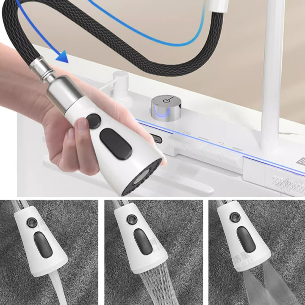 Set chiuveta bucatarie, Milmatt, multifunctionala, cu afisaj led, baterie cu dus extractibil, 2 cascade, spalator pahare, dozator sapun, robinet apa purificata, otel inoxidabil, sticla alba, culoare a [4]
