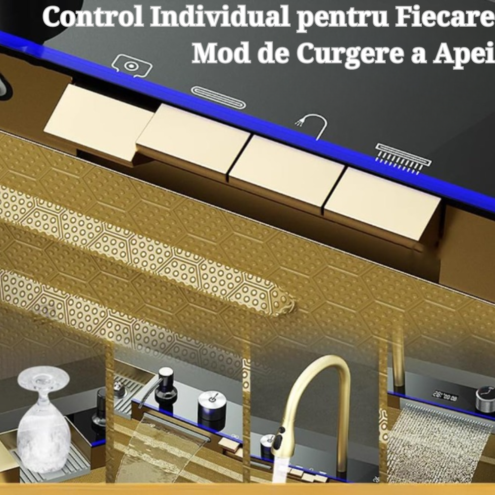 Set chiuveta bucatarie, Milmatt, multifunctionala, cu afisaj led, baterie cu dus extractibil, 2 cascade , spalator pahare, dozator sapun, robinet apa purificata, otel inoxidabil, culoare auriu , 750* [6]