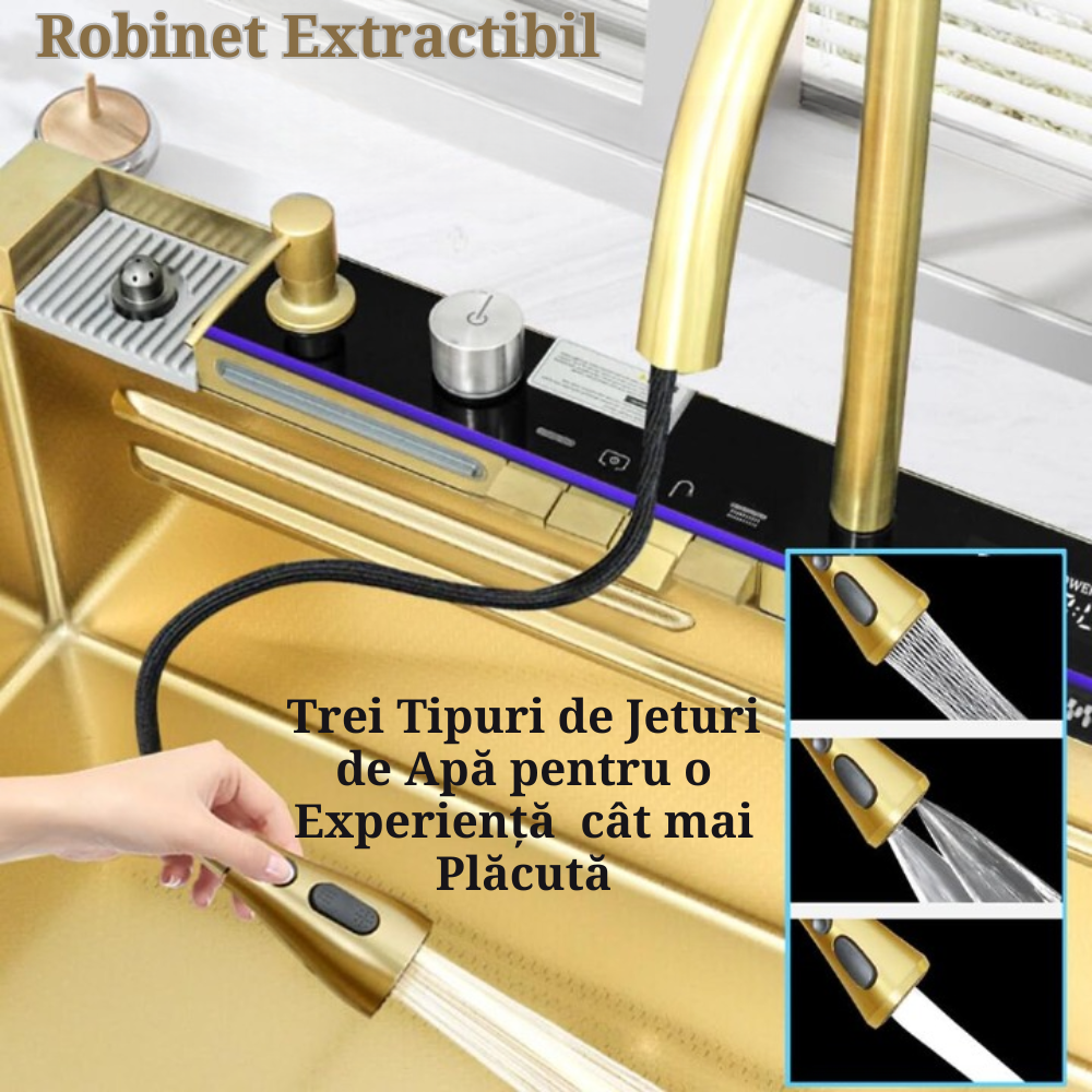 Set chiuveta bucatarie, Milmatt, multifunctionala, cu afisaj led, baterie cu dus extractibil, 2 cascade , spalator pahare, dozator sapun, robinet apa purificata, otel inoxidabil, culoare auriu , 750* [5]