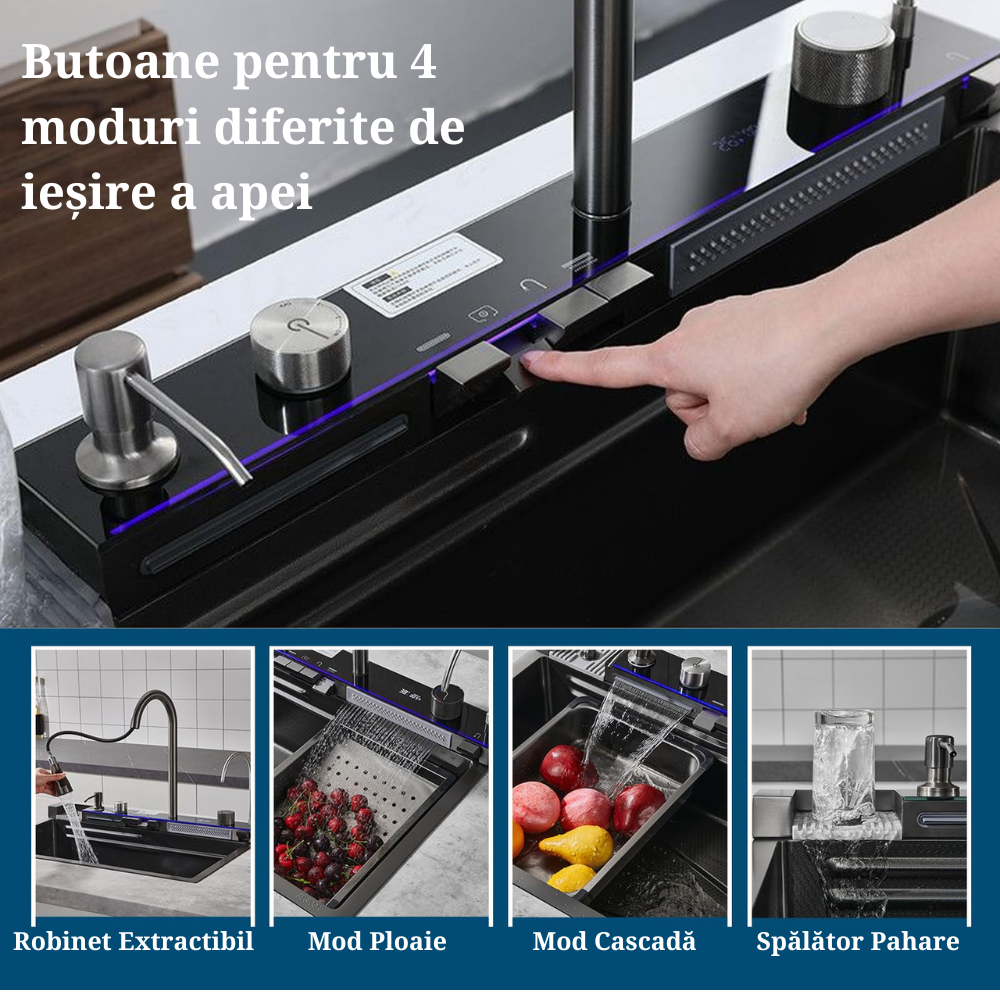 Chiuvetă Bucătărie Multifuncțională cu Accesorii – Cos Scurgere, Tocător, Baterie Cascadă, Spălător Pahare [7]