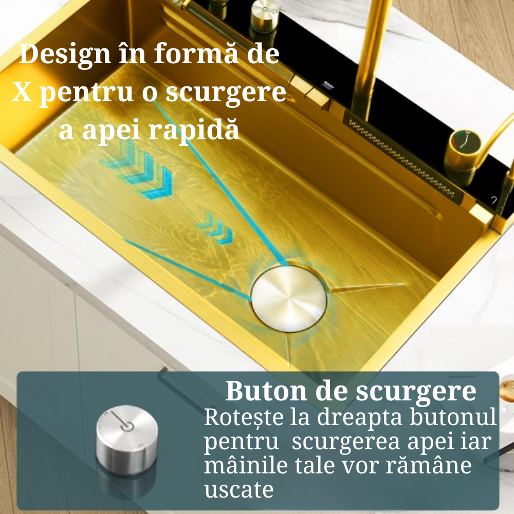 Set chiuveta bucatarie, Milmatt, multifunctionala, cu afisaj led, baterie cu dus extractibil, 2 cascade , spalator pahare, dozator sapun, robinet apa purificata, otel inoxidabil, culoare auriu , 750* [7]