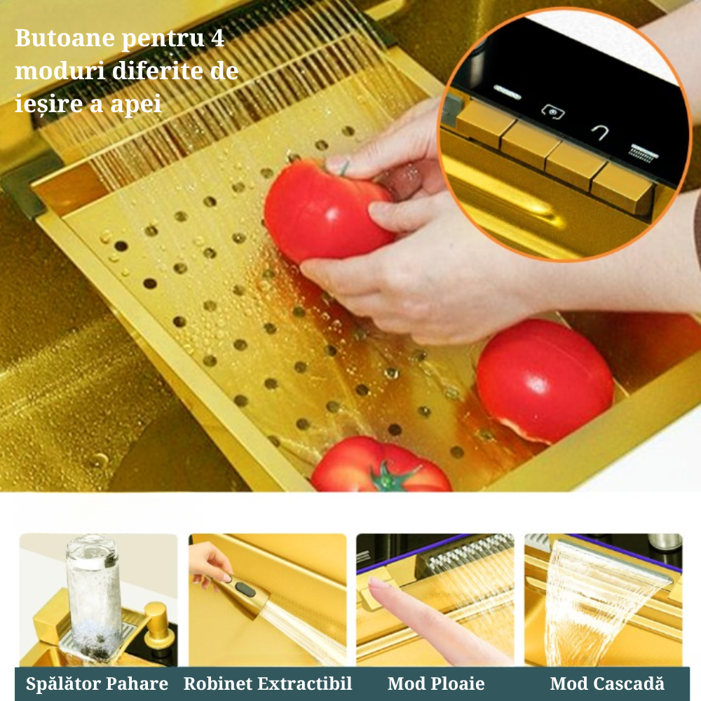 Set chiuveta bucatarie, Milmatt, multifunctionala, cu afisaj led, baterie cu dus extractibil, 2 cascade , spalator pahare, dozator sapun, robinet apa purificata, otel inoxidabil, culoare auriu , 750* [10]