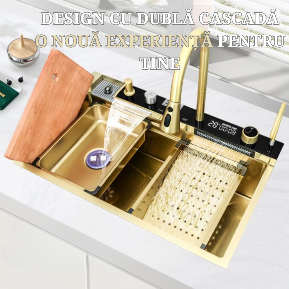 Set chiuveta bucatarie, Milmatt, multifunctionala, cu afisaj led, baterie cu dus extractibil, 2 cascade , spalator pahare, dozator sapun, robinet apa purificata, otel inoxidabil, culoare auriu , 750* [2]