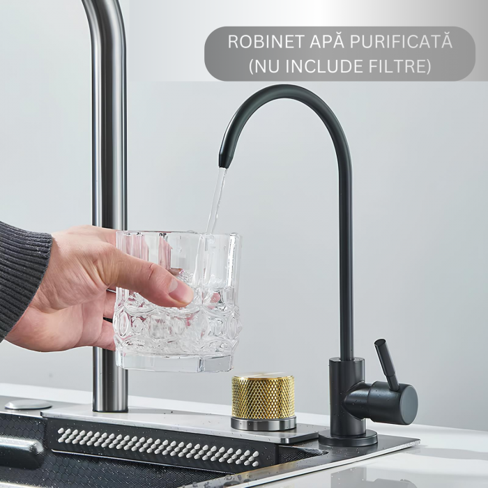 Set chiuveta bucatarie, Milmatt, multifunctionala, finisaj fagure, baterie cu dus extractibil cu 3 functii de spalare + cascada tip fanta, dispozitiv spalare pahare, tocator lemn, cos spalare/stoarcer [9]