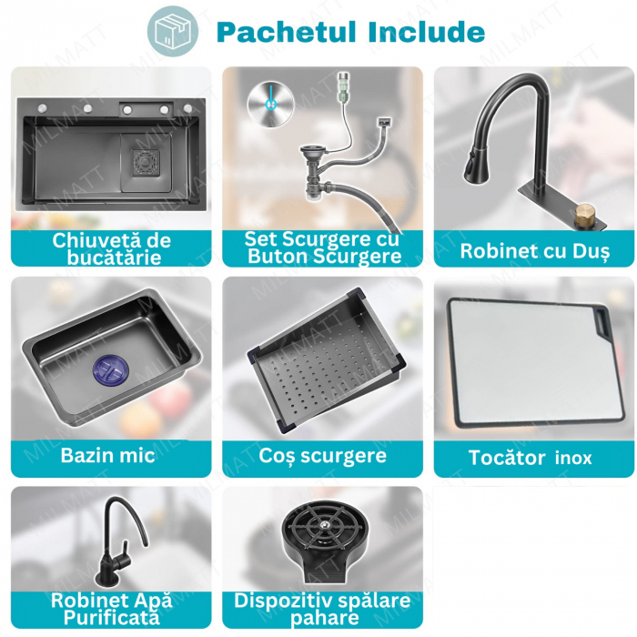 Set chiuveta bucatarie, Milmatt, multifunctionala, finisaj fagure, baterie cu dus extractibil cu 3 functii de spalare + cascada tip fanta, dispozitiv spalare pahare, tocator lemn, cos spalare/stoarcer [19]