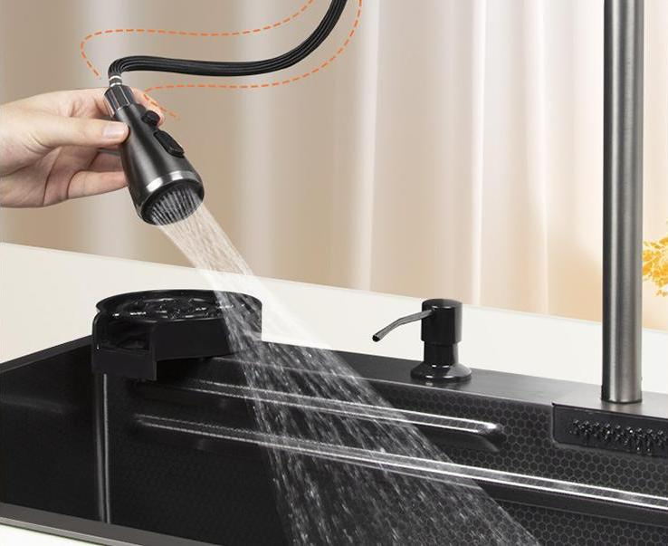 Set chiuveta bucatarie, Milmatt, multifunctionala, finisaj fagure, baterie cu dus extractibil cu 3 functii de spalare + cascada tip fanta, dispozitiv spalare pahare, tocator lemn, cos spalare/stoarcer [14]