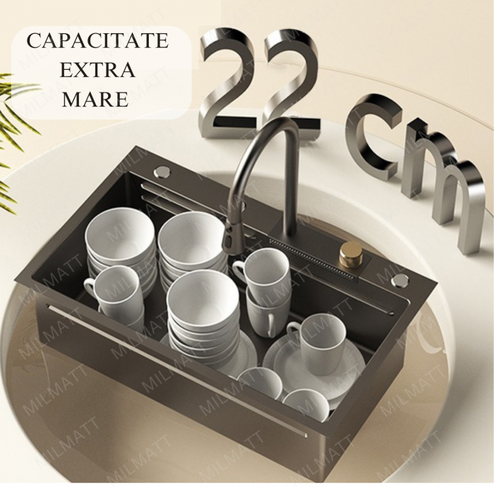 Set chiuveta bucatarie, Milmatt, multifunctionala, finisaj fagure, baterie cu dus extractibil cu 3 functii de spalare + cascada tip fanta, dispozitiv spalare pahare, tocator lemn, cos spalare/stoarcer [12]