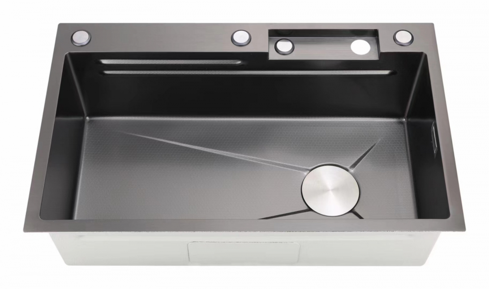 Set chiuveta bucatarie, Milmatt, multifunctionala, finisaj fagure, baterie cu dus extractibil cu 3 functii de spalare + cascada tip fanta, dispozitiv spalare pahare, tocator lemn, cos spalare/stoarcer [16]