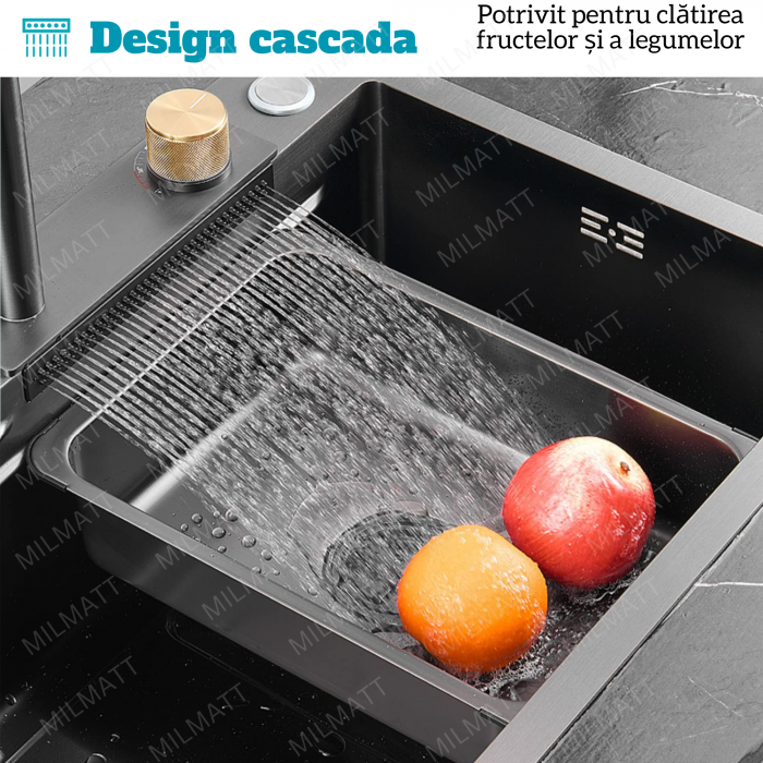 Set chiuveta bucatarie, Milmatt, multifunctionala, finisaj fagure, baterie cu dus extractibil cu 3 functii de spalare + cascada tip fanta, dispozitiv spalare pahare, tocator lemn, cos spalare/stoarcer [10]