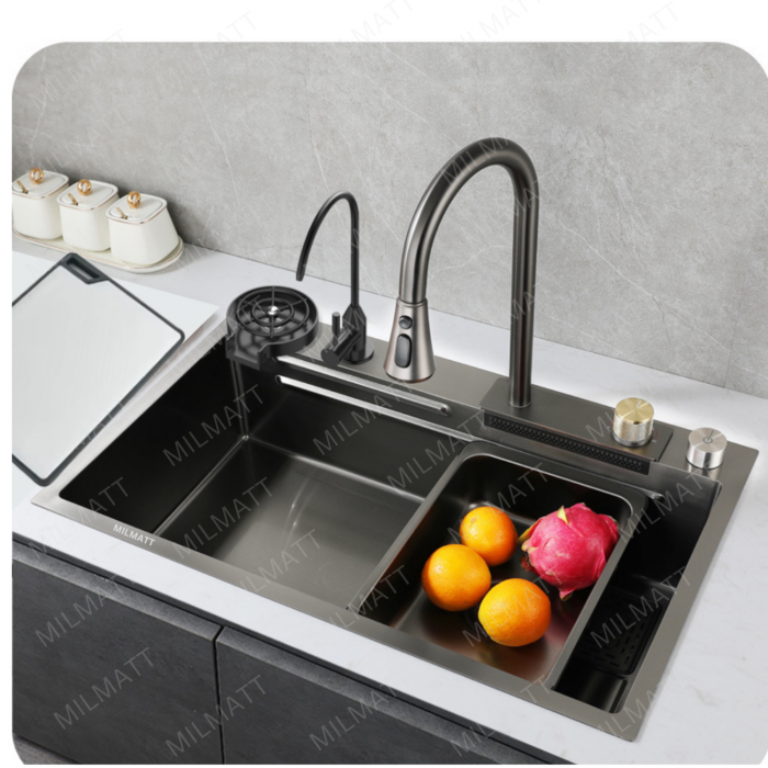 Set chiuveta bucatarie, Milmatt, multifunctionala, finisaj fagure, baterie cu dus extractibil cu 3 functii de spalare + cascada tip fanta, dispozitiv spalare pahare, tocator lemn, cos spalare/stoarcer [3]