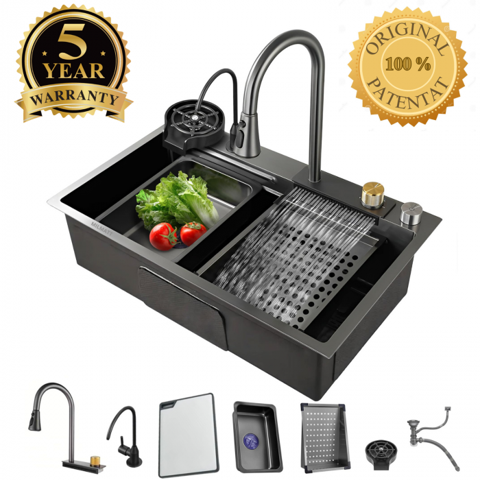 Set chiuveta bucatarie, Milmatt, multifunctionala, finisaj fagure, baterie cu dus extractibil cu 3 functii de spalare + cascada tip fanta, dispozitiv spalare pahare, tocator lemn, cos spalare/stoarcer [1]