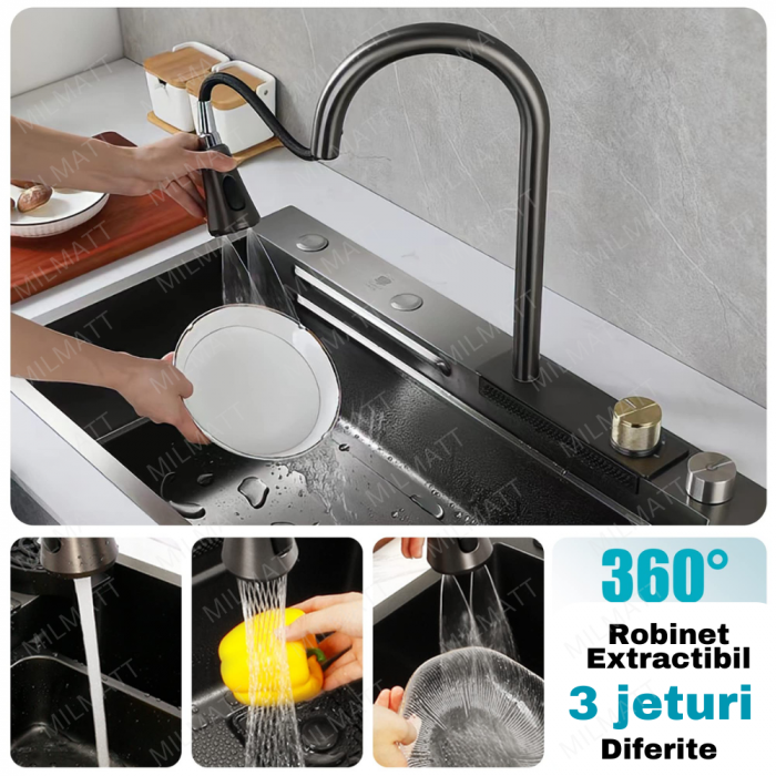 Set chiuveta bucatarie, Milmatt, multifunctionala, finisaj fagure, baterie cu dus extractibil cu 3 functii de spalare + cascada tip fanta, dispozitiv spalare pahare, tocator lemn, cos spalare/stoarcer [7]