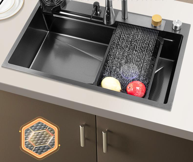 Set chiuveta bucatarie, Milmatt, multifunctionala, finisaj fagure, baterie cu dus extractibil cu 3 functii de spalare + cascada tip fanta, dispozitiv spalare pahare, tocator lemn, cos spalare/stoarcer [17]