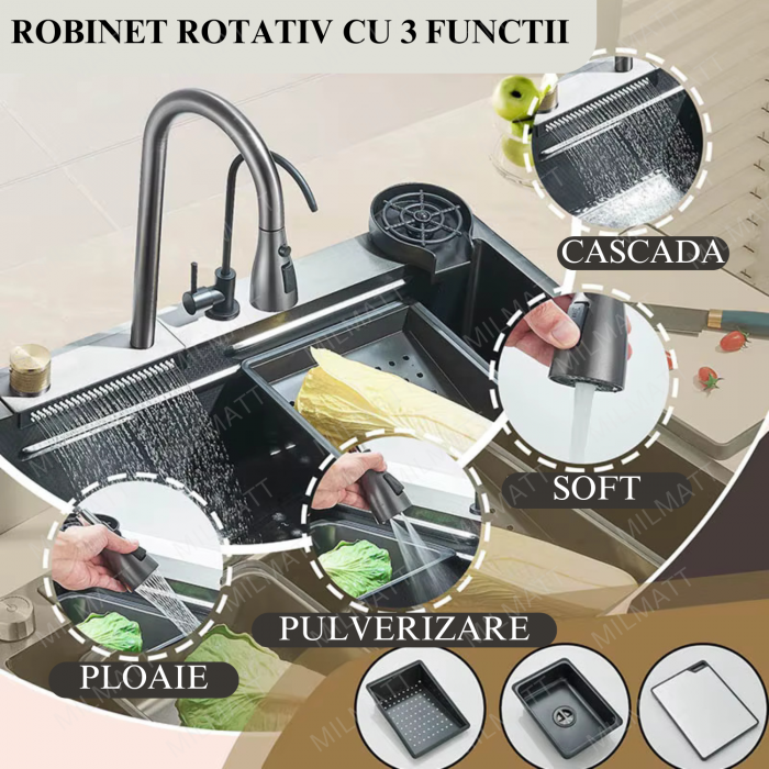 Set chiuveta bucatarie, Milmatt, multifunctionala, finisaj fagure, baterie cu dus extractibil cu 3 functii de spalare + cascada tip fanta, dispozitiv spalare pahare, tocator lemn, cos spalare/stoarcer [8]