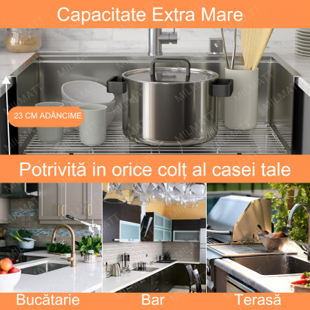 Chiuveta Inox Bucatarie, Milmatt, Premium Workstation cu Accesorii, Tocator Lemn Sapele, Gratar Inox, Cos scurgere, Grilaj Protectie Chiuveta, Silentioasa, Montaj Sub Blat, 70x46x23 cm [4]