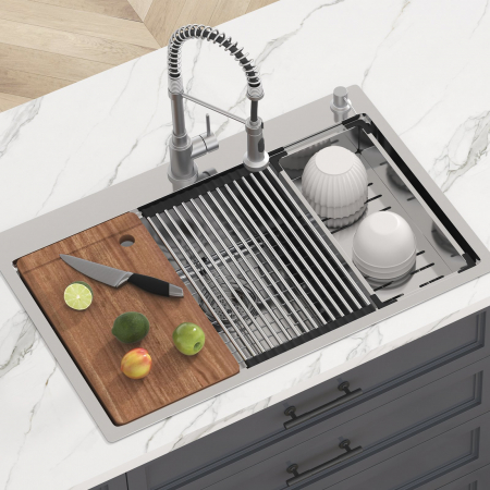 Chiuveta Inox Bucatarie, Milmatt, Premium Workstation cu Accesorii, Tocator Lemn Sapele, Gratar Inox, Cos scurgere, Grilaj Protectie Chiuveta, Silentioasa, Montaj pe Blat, 70x46x23 cm [7]