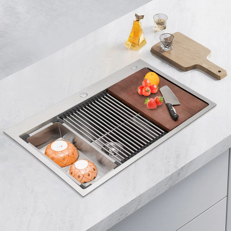 Chiuveta Inox Bucatarie, Milmatt, Premium Workstation cu Accesorii, Tocator Lemn Sapele, Gratar Inox, Cos scurgere, Grilaj Protectie Chiuveta, Silentioasa, Montaj pe Blat, 70x46x23 cm [1]
