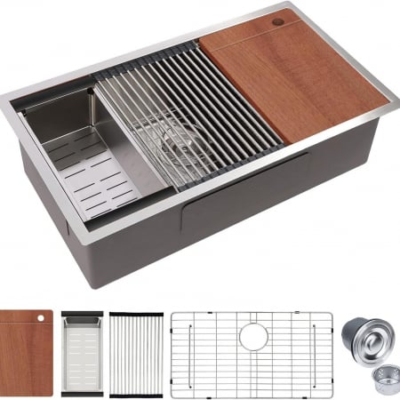 Chiuvete bucătărie - Chiuveta Inox Bucatarie, Milmatt, Premium Workstation cu Accesorii, Tocator Lemn Sapele, Gratar Inox, Cos scurgere, Grilaj Protectie Chiuveta, Silentioasa, Montaj Sub Blat, 70x46x23 cm