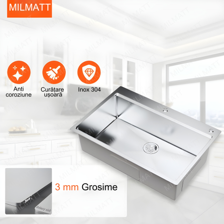 Chiuveta Inox Bucatarie, Milmatt, Premium Workstation cu Accesorii, Tocator Lemn Sapele, Gratar Inox, Cos scurgere, Grilaj Protectie Chiuveta, Silentioasa, Montaj pe Blat, 70x46x23 cm [5]