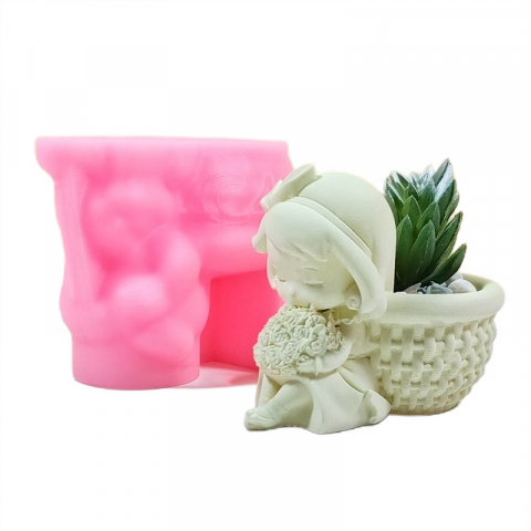 Matrite pentru mini ghivece/vaze - Matrita de silicon mini ghiveci, Milmatt, Model Fetita cu buchet si cos
