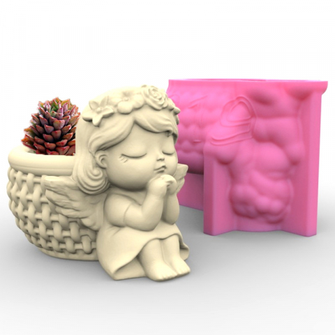 Matrite pentru mini ghivece/vaze - Matrita de silicon mini ghiveci, Milmatt, Model Ingeras Fetita cu cos, silicon premium, reutilizabil, potrivit pentru praf ceramic, gips, ipsos, ciment, 7,5 x 7,5 x 9,7 cm