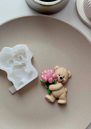 Matrita din silicon alimentar premium, Teddy Bear with Bouquet, pentru lumânări, săpun și deserturi [1]