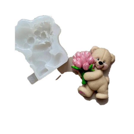 Matrițe Silicon Premium (Food Grade) - Matrita din silicon alimentar premium, Teddy Bear with Bouquet, pentru lumânări, săpun și deserturi