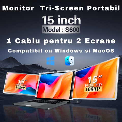 Monitor extender pentru laptop, Milmatt, Model S 600, ecran 15 inch, rezolutie 1920x1080, compatibil Windows, MacOS, M1, M2, Conectare cu un singur cablu, portabil, gri [4]
