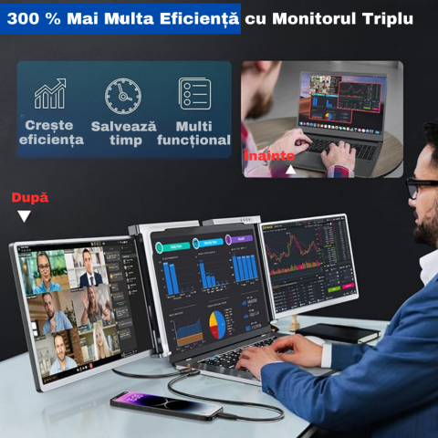 Monitor extender pentru laptop, Milmatt, Model S 600, ecran 15 inch, rezolutie 1920x1080, compatibil Windows, MacOS, M1, M2, Conectare cu un singur cablu, portabil, gri [8]