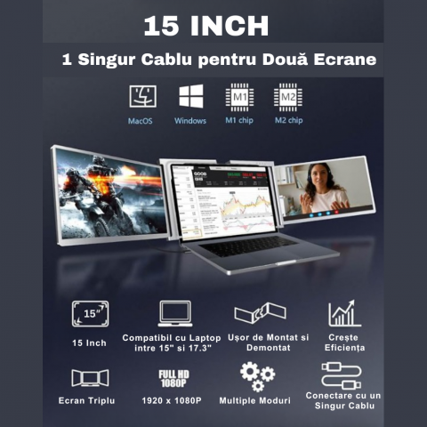 Monitor extender pentru laptop, Milmatt, Model S 600, ecran 15 inch, rezolutie 1920x1080, compatibil Windows, MacOS, M1, M2, Conectare cu un singur cablu, portabil, gri [5]