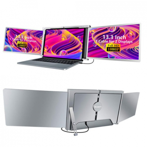 Monitor extender portabil Tri-screen pentru laptop, Milmatt, Model S 300 ecran 13.3 inch, Wide, rezolutie 1920x1080, portabil, gri [1]