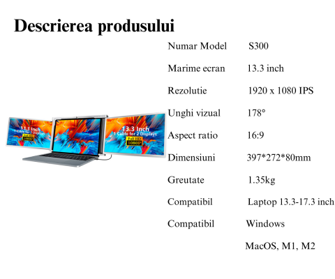 Monitor extender portabil Tri-screen pentru laptop, Milmatt, Model S 300 ecran 13.3 inch, Wide, rezolutie 1920x1080, portabil, gri [2]