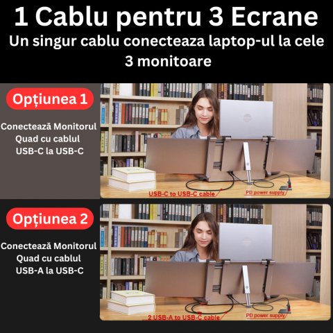 Monitor LED extender portabil pentru laptop, Milmatt, 14 inch, excelent pentru Birou, Calatorii, FullHD, Conectare cu un Singur Cablu, Quad-Screen compatibil display de 13,6 -17.3 inch, compatibil Win [7]