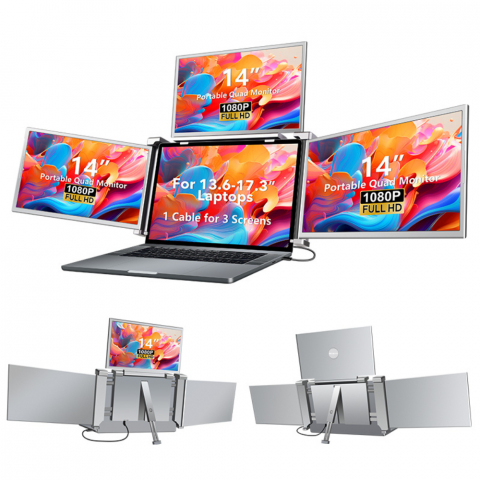 Monitor LED extender portabil pentru laptop, Milmatt, 14 inch, excelent pentru Birou, Calatorii, FullHD, Conectare cu un Singur Cablu, Quad-Screen compatibil display de 13,6 -17.3 inch, compatibil Win [17]