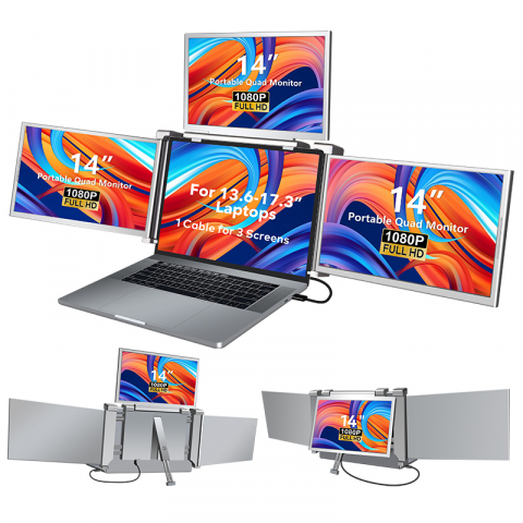 Monitoare - Monitor LED extender portabil pentru laptop, Milmatt, 14 inch, excelent pentru Birou, Calatorii, FullHD, Conectare cu un Singur Cablu, Quad-Screen compatibil display de 13,6 -17.3 inch, compatibil Win