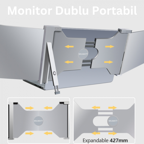 Monitor portabil pentru laptop, Milmatt, 14 inch, ecran FHD 1080P IPS, extensie pentru laptop cu port USB-C și Mini HDMI, Plug & Play, compatibil cu laptopuri de 14-17.3”, Switch, Xbox, gri [15]