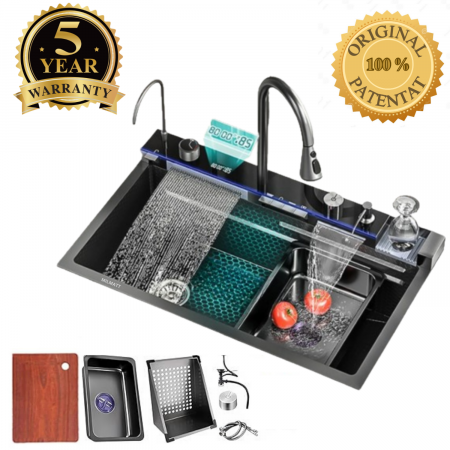 Chiuvete bucătărie - Chiuvetă Bucătărie Multifuncțională cu Accesorii – Cos Scurgere, Tocător, Baterie Cascadă, Spălător Pahare