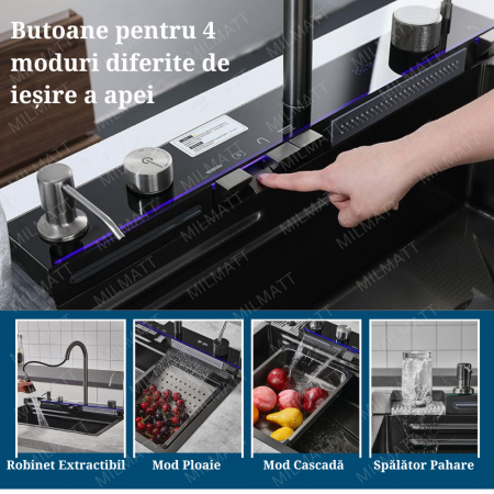 Chiuvetă Bucătărie Multifuncțională cu Accesorii – Cos Scurgere, Tocător, Baterie Cascadă, Spălător Pahare [4]