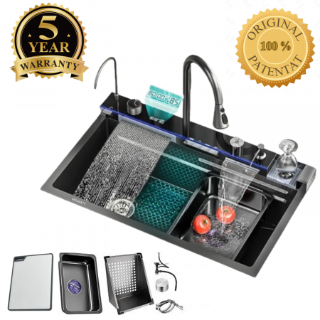 Chiuvete bucătărie - Chiuvetă Bucătărie Multifuncțională cu Accesorii – Cos Scurgere, Tocător, Baterie Cascadă, Spălător Pahare