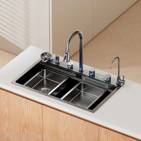 Set chiuveta bucatarie, Milmatt, multifunctionala, cu afisaj led, baterie cu dus extractibil, elemente interschimbabile, 2 cascade, otel inoxidabil 3 mm, culoare gun metal, 75 x 46 x 22 cm [18]