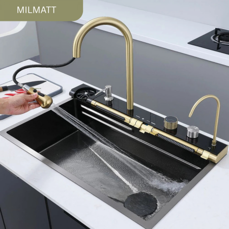 Set chiuveta bucatarie, Milmatt, multifunctionala, cu afisaj led, baterie cu dus extractibil, 2 cascade, dispozitiv spalare pahare, dozator sapun,otel inoxidabil 3 mm, culoare NEGRU SI AURIU, 75 x 46  [4]