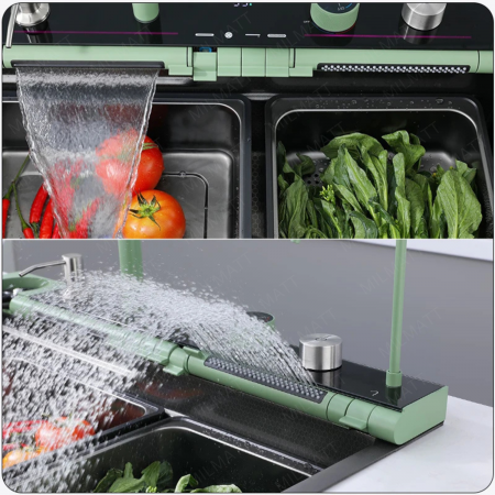 Set chiuveta bucatarie, Milmatt, multifunctionala, cu afisaj led, baterie cu dus extractibil, 2 cascade, spalator pahare, dozator sapun,otel inoxidabil 3 mm, culoare NEGRU SI VERDE, 75 x 46 cm [6]