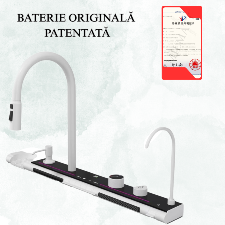 Set chiuveta bucatarie, Milmatt, multifunctionala, cu afisaj led, baterie cu dus extractibil, 2 cascade, dispozitiv spalare pahare, otel inoxidabil 3 mm, culoare NEGRU SI ALB, 75 x 46 cm [1]